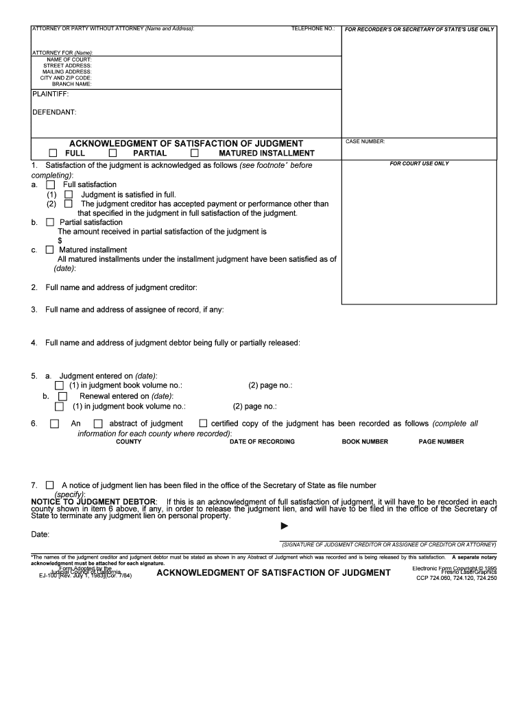 Acknowledgment of Satisfaction of Judgment EJ 100 Judicial Council Forms Civil