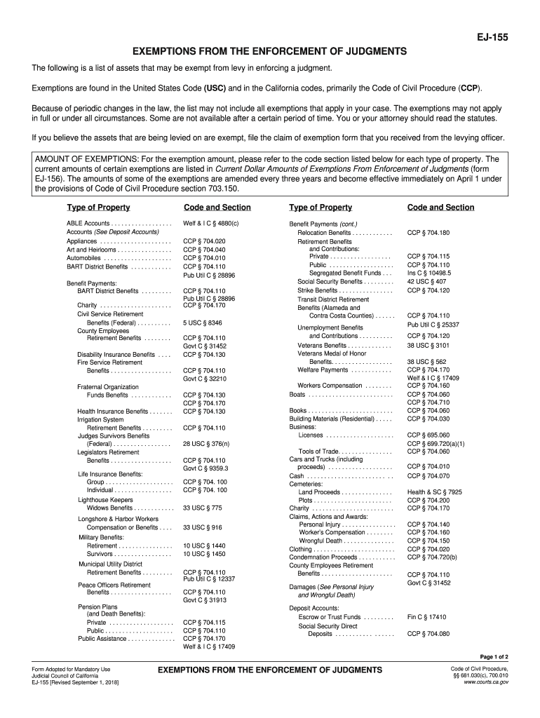 EJ 155 Exemptions from the Enforcement of Judgments  Form