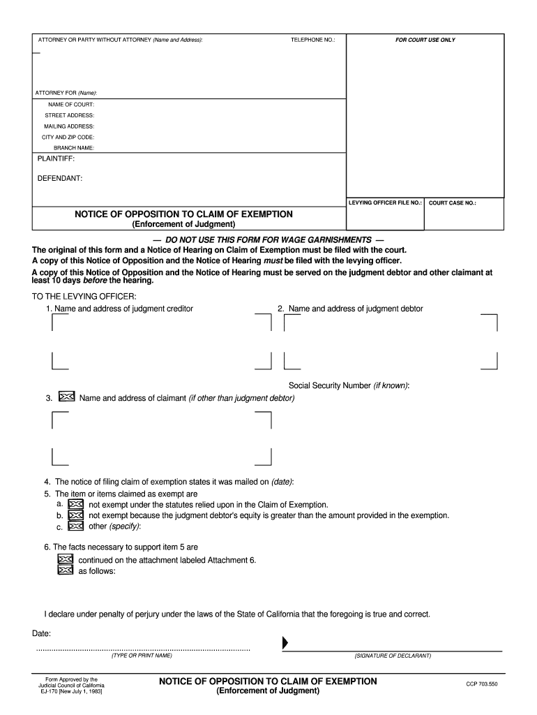 The Original of This Form and a Notice of Hearing on Claim of Exemption Must Be Filed with the Court