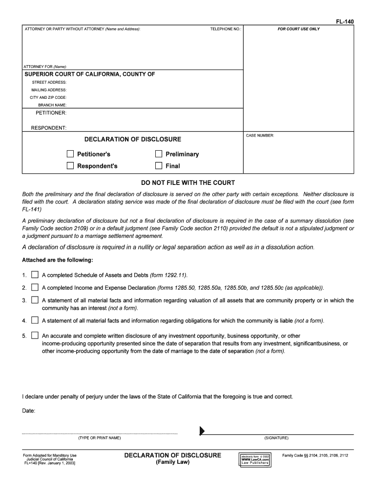 Declaration of Disclosure FL 140 Famiy Law 1292  Form