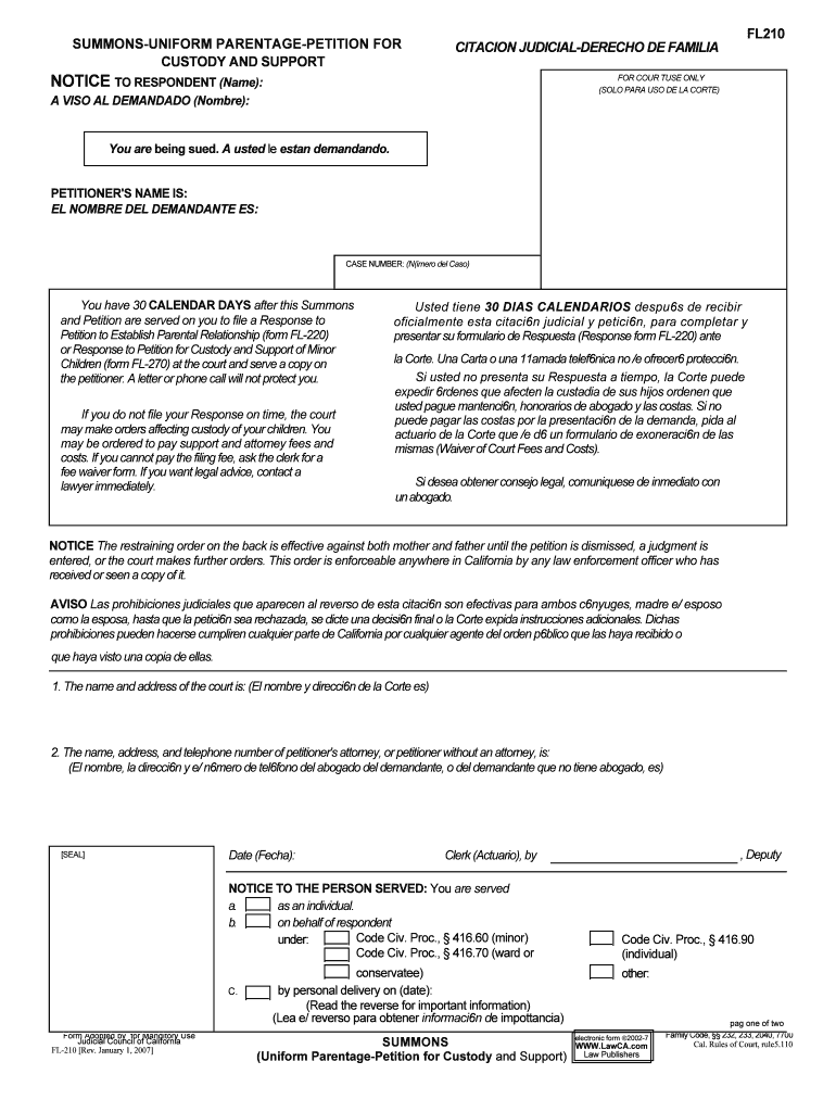 SUMMONS UNIFORM PARENTAGE PETITION for CUSTODY and SUPPORT