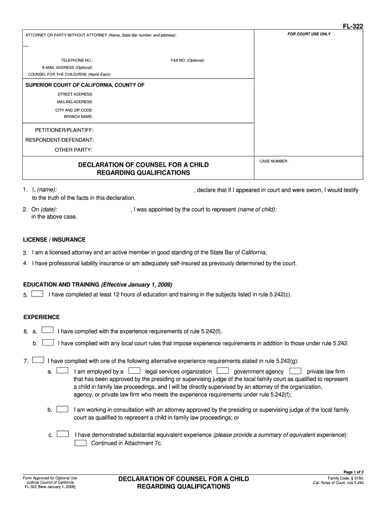 Form FL 322 Declaration of Counsel for a Child Regarding