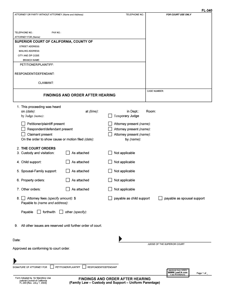 Findings and Order After Hearing Family Law 1296 31 FL 340  Form