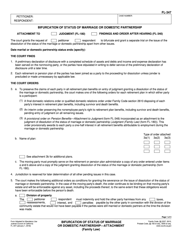 FL 347 Bifurcation of Status of Marriage or Domestic PartnershipAttachment Judicial Council Forms