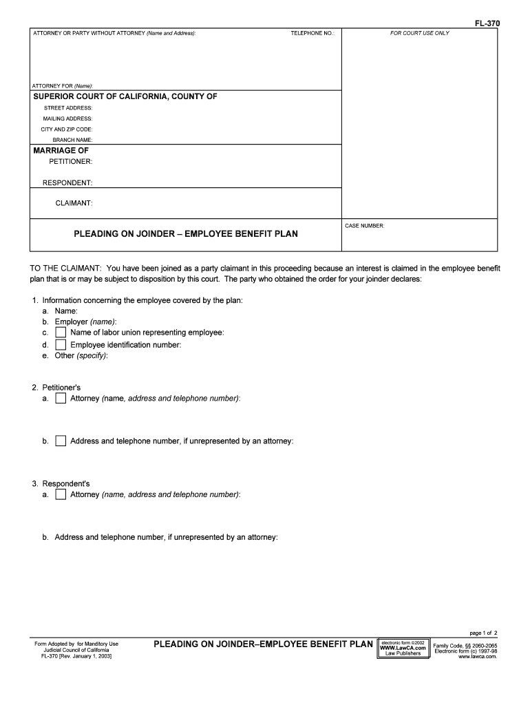 Pleading on Joinder Employee Benefit Plan 1291 35 Family Law 1291 35 FL 370  Form