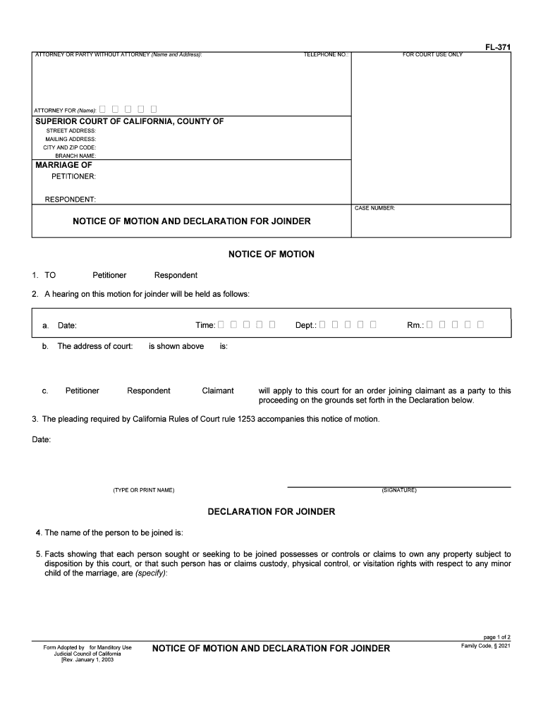 Notice of Motion and Declaration for Joinder 1291 10 Family Law 1291 10 FL 371  Form