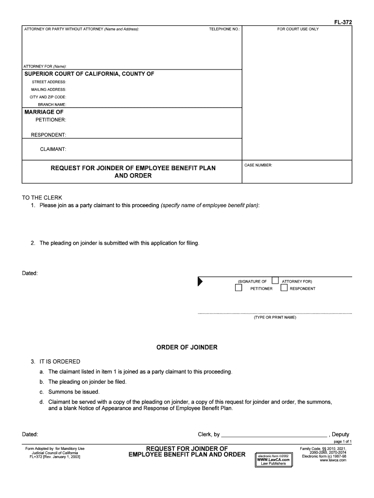 Request for Joinder of Employee Benefit Plan 1291 15 Family Law 1291 15 FL 372  Form