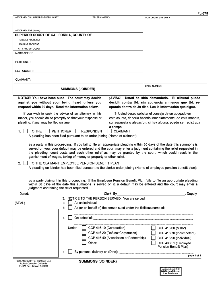 Summons Joinder 1291 40 Family Law 1291 40 FL 375  Form