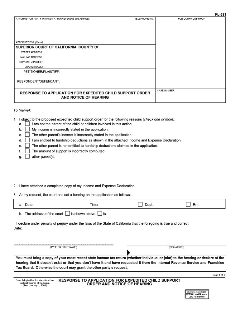 Resoibse to Application for Expedited Child Support Order and Notice of Hearing Family Law 1297 10, FL 381  Form