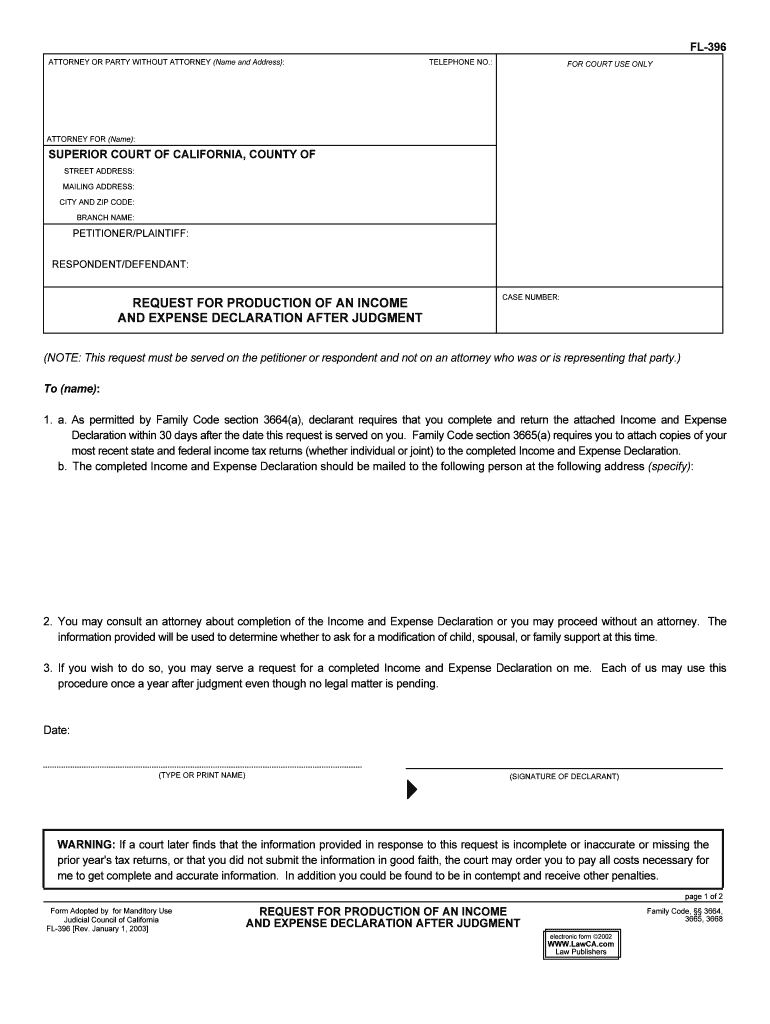 Request for Production of an Income and Expense Declaration After Judgment Family 1292 15, FL 396  Form