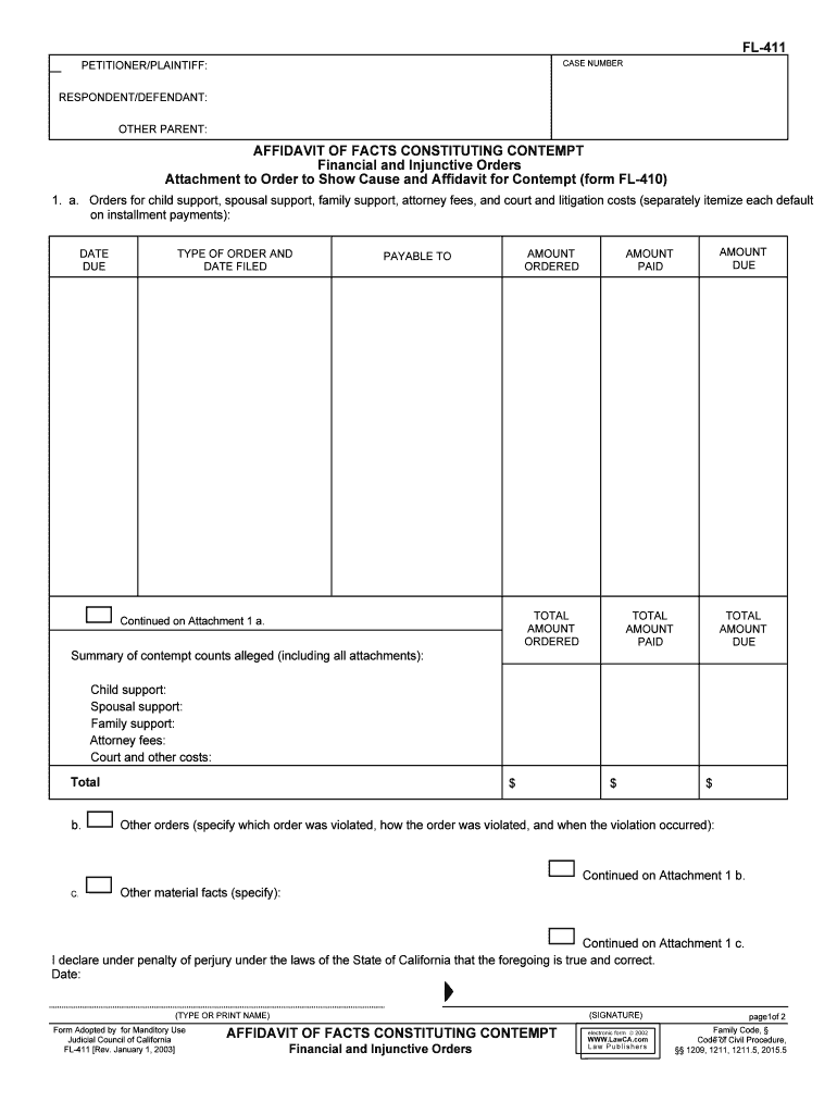 Form FL 411 Affidavit of Facts Constituting Contempt