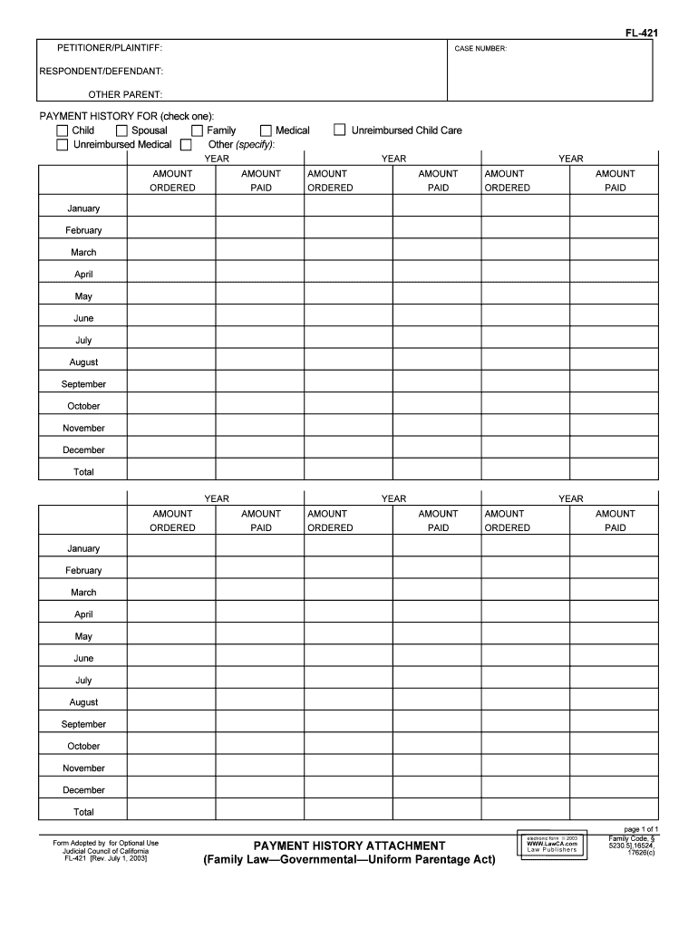 Attachment to Declaration of Support Arrearage 1285625 Family Law 1285 625, FL 421  Form