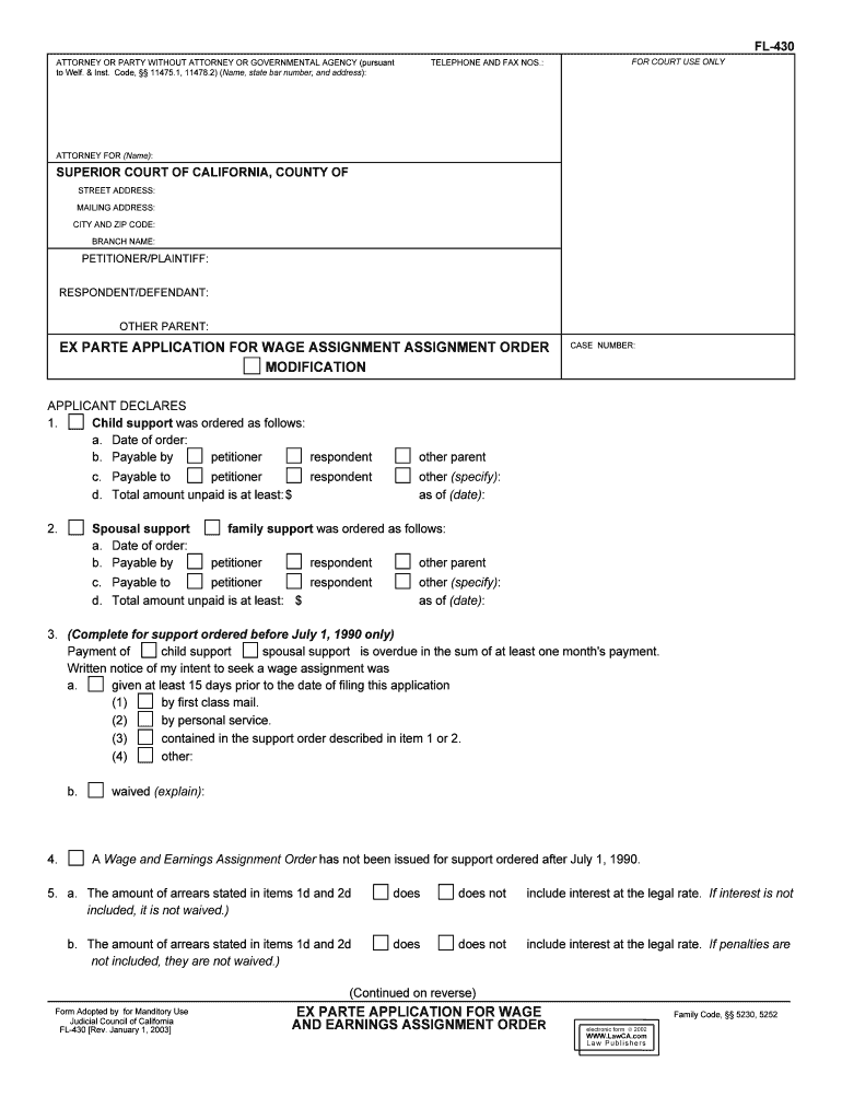 Ex Parte Application for Wage Assignment 128565 Family Law 1285 65, FL 430  Form