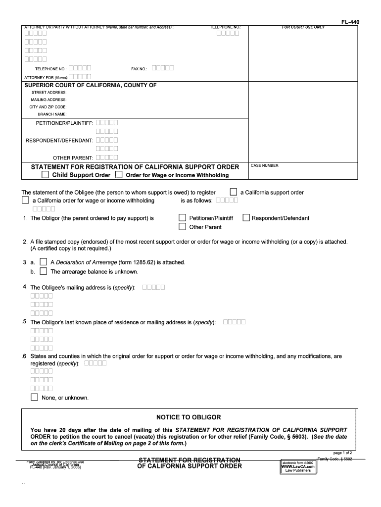 Statement for Registration of California Support Order Family Law 1285 82, FL 440  Form