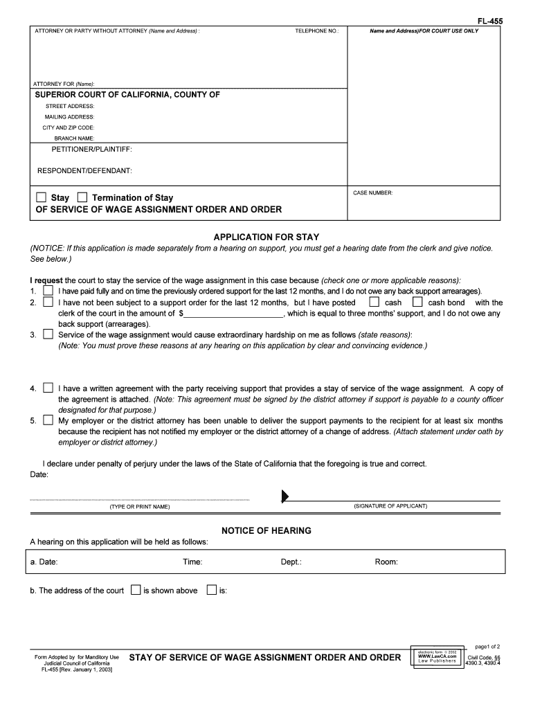 FL 455 Stay of Service of Earnings Assignment and Order  Form