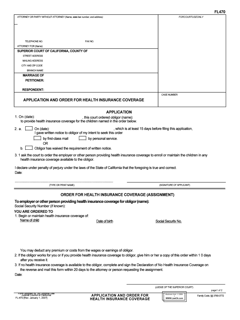 APPLICATION and ORDER for HEALTH INSURANCE COVERAGE FL 470  Form