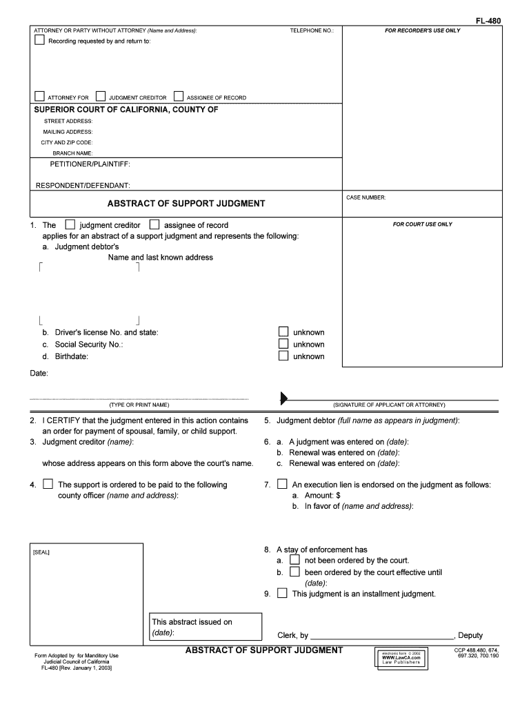 Abstract of Support Judgment 1285 80 Family Law 1285 80, FL 480  Form