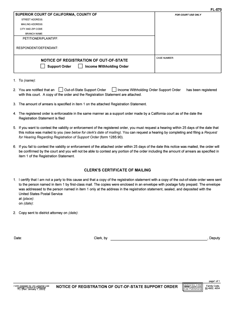Form FL 570 Notice of Registration of Out of State Support