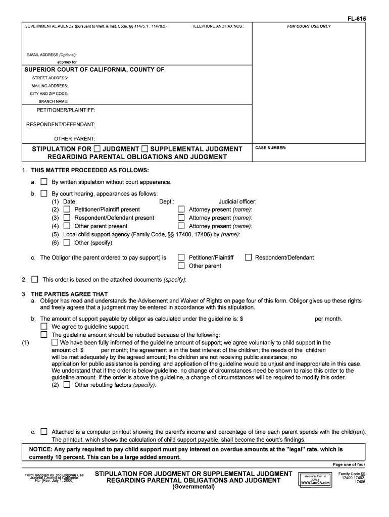 Stipulation for Judgment, Supplemental Judgment Regarding Parental Obligations and Judgment 129907, FL 615 Family Law Government  Form