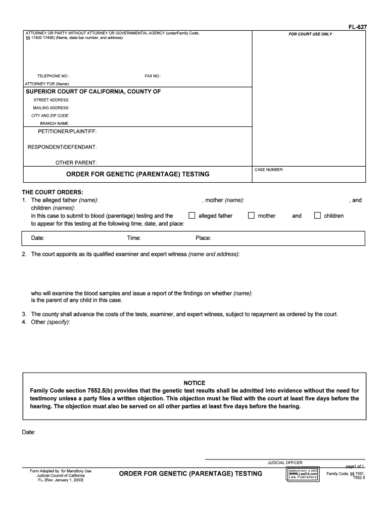 Order for Genetic Parentage Testing 1298 045, FL 627  Form