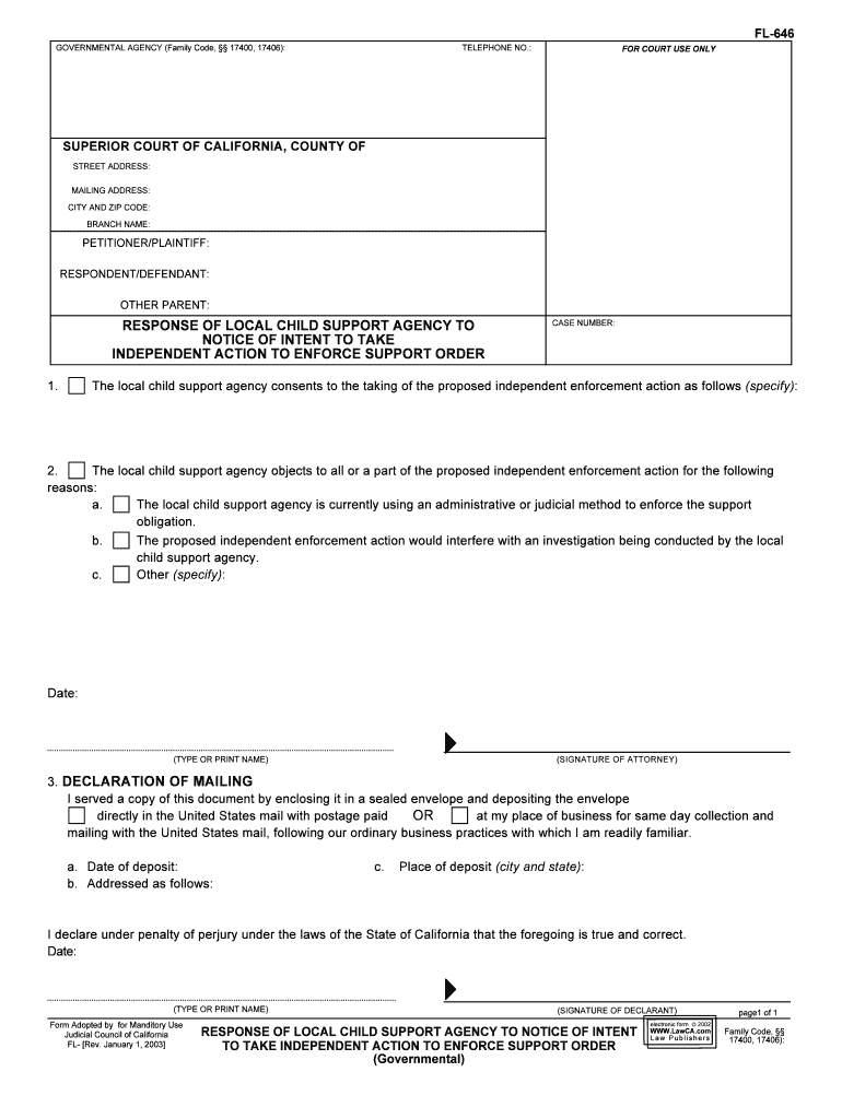 RESPONSE of DISTRICT ATTORNEY to NOTICE of INTENT to TAKE INDEPENDENT ACTION to ENFORCE SUPPORT ORDER 129952, FL 646 Family 1299  Form