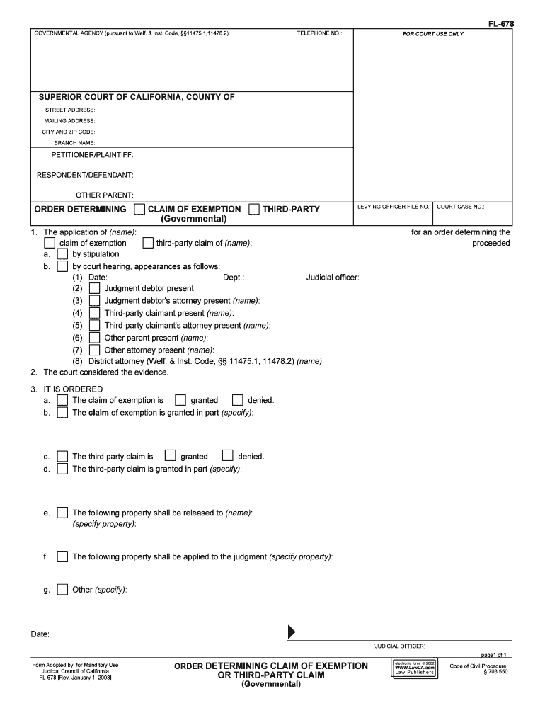 ORDER DETERMINING CLAIM of EXEMPTIONOR THIRD PARTY CLAIM Governmental 1299 46, FL 678  Form