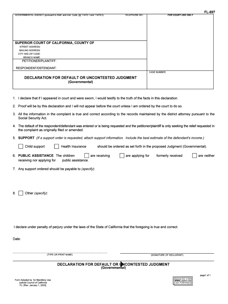 Declaration for Default or Uncontested Judgment Family Law Governmental 12980 85 FL 697  Form