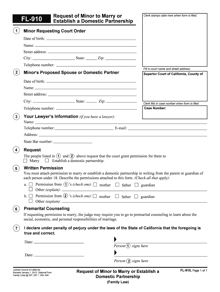 Form Fl 910 &amp;quot;Request of Minor to Marry or Establish a