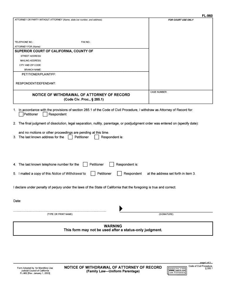 Notice of Withdrawal 1290 5 FL 960 Family Law 1290 5, FL 960  Form