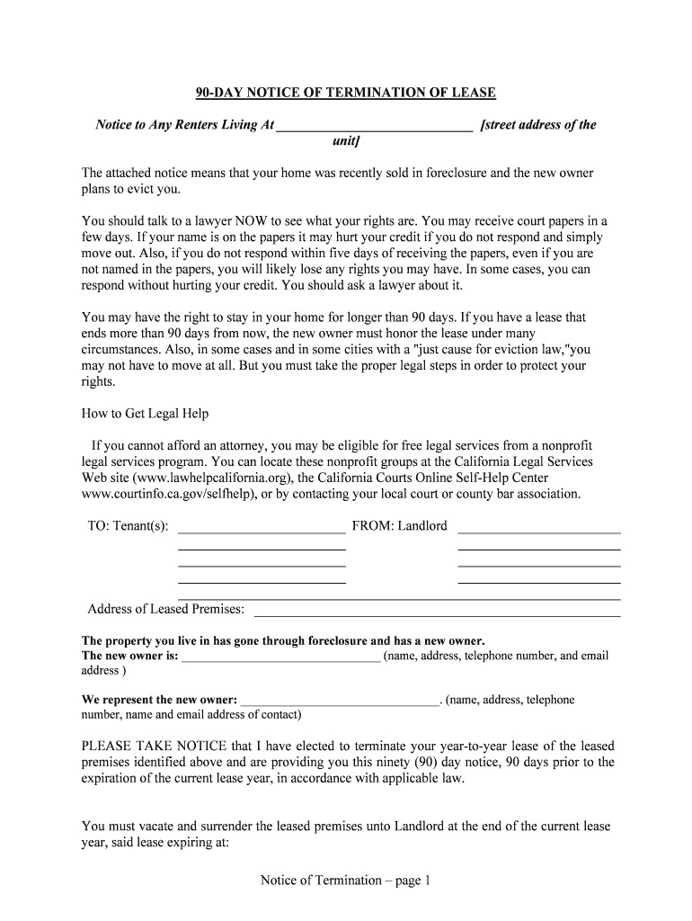 90 DAY NOTICE of TERMINATION of LEASE  Form