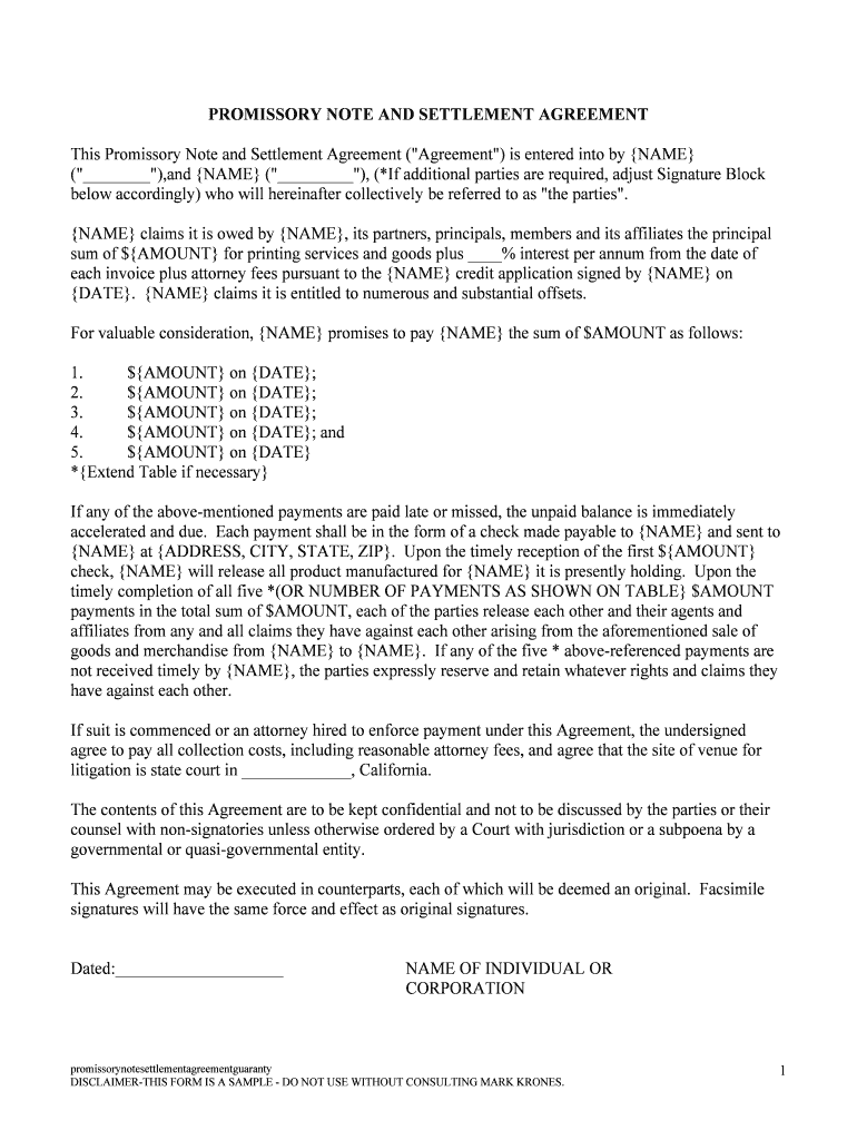 PROMISSORY NOTE and SETTLEMENT AGREEMENT  Form