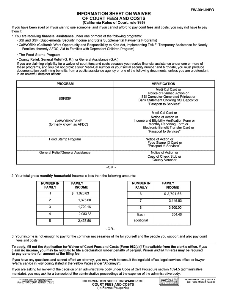 982a17A INFORMATION SHEET on WAIVER of COURT FEES
