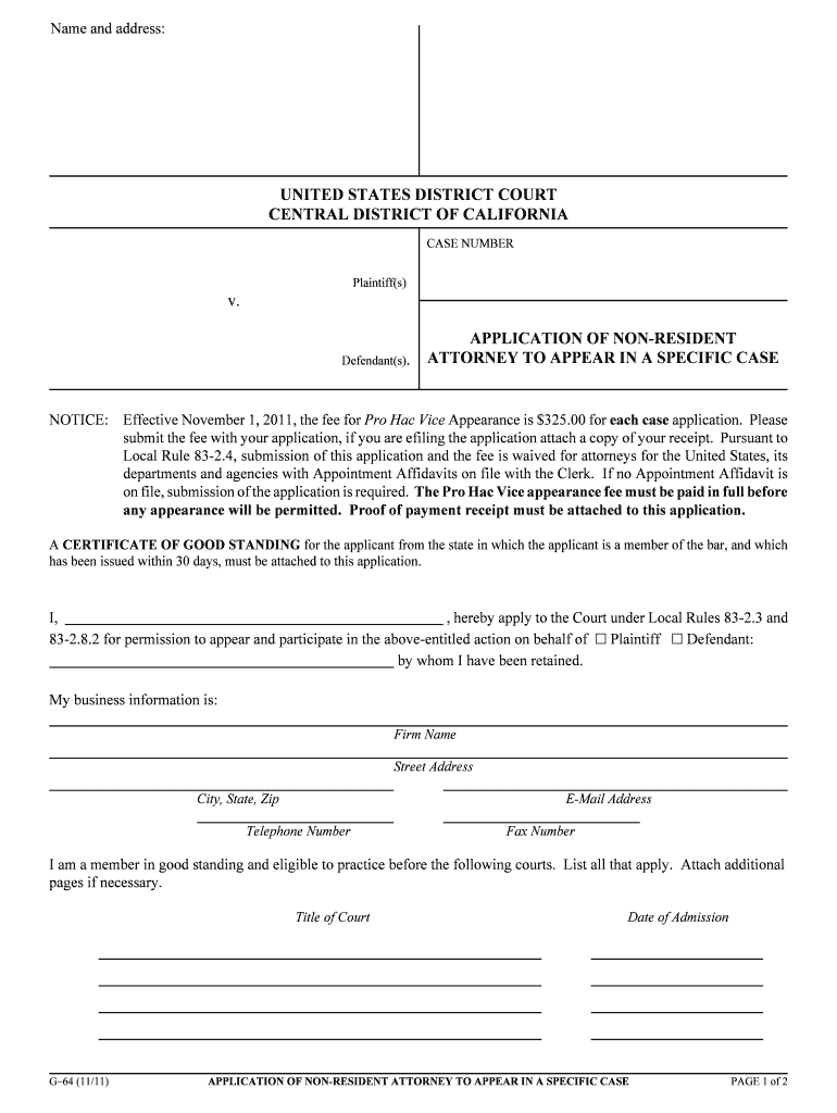 Application of Non Resident Attorney to Appear in a Specific  Form