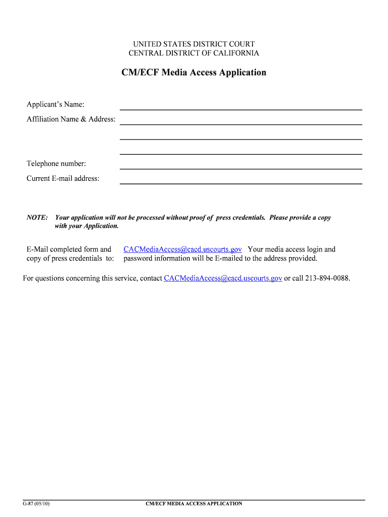 CMECF Media Access Application United States District Court  Form