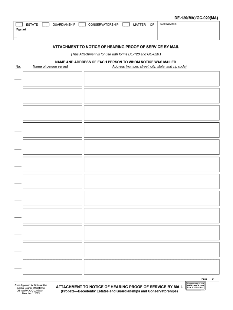 DE 120MA Attachment to Notice of Hearing Proof of Service  Form