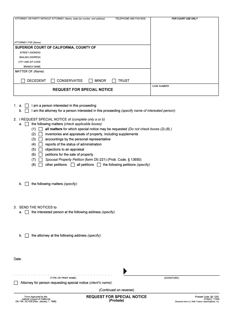 Request for Special Notice De154 De154 Gc035 Form