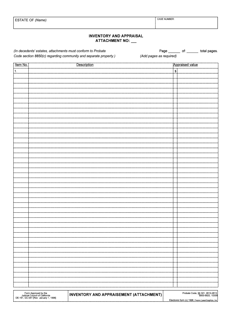 Inventory and Appraisal Attachment De161 De161 and Gc 041  Form