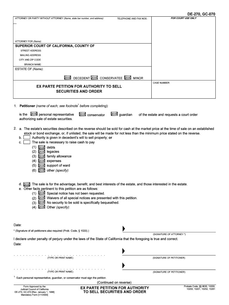 EX PARTE PETITION for AUTHORITY to SELL  Form