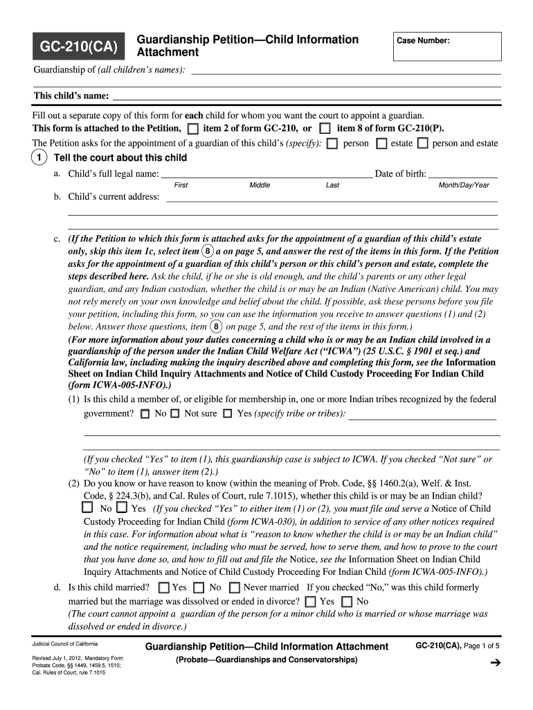 Fillable Online Courts Ca GC 210CA Guardianship Petition  Form