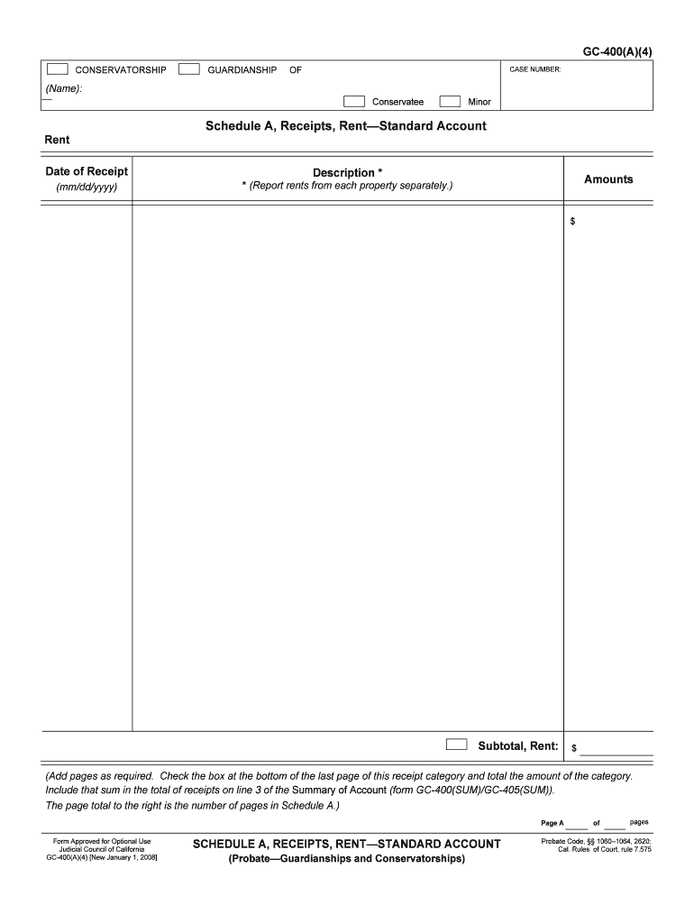 GC 400A4 Schedule A, Receipts, RentStandard Account  Form