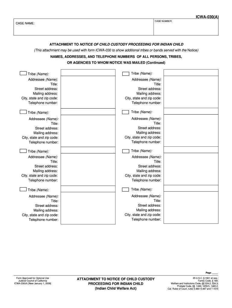 Form Icwa 030A &amp;quot;Attachment to Notice of Child Custody