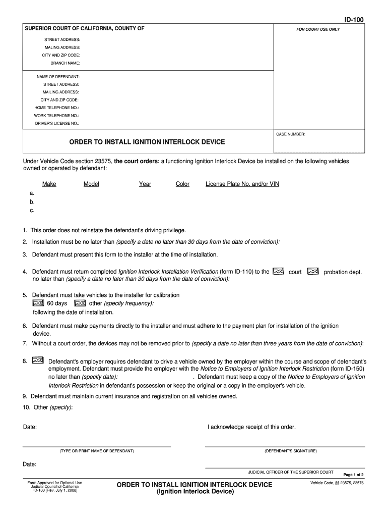 Fillable Online Alpine Courts Ca ID 100 Order to Install Ignition  Form