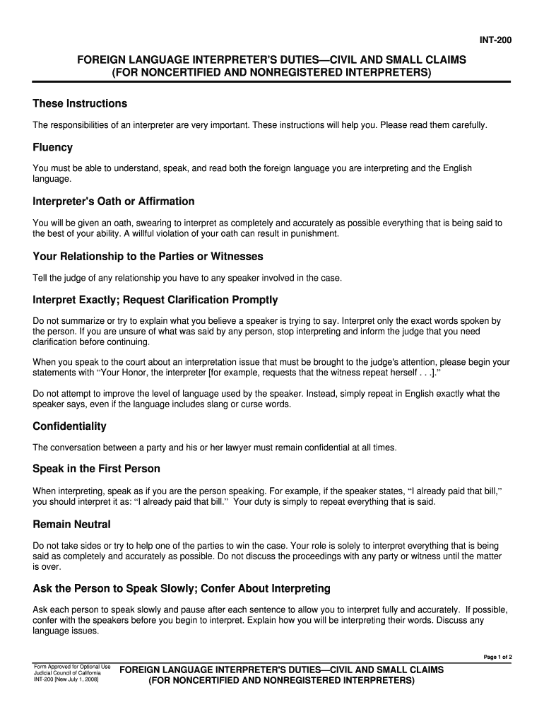 Foreign Language Interpreters Duties Civil and Small  Form