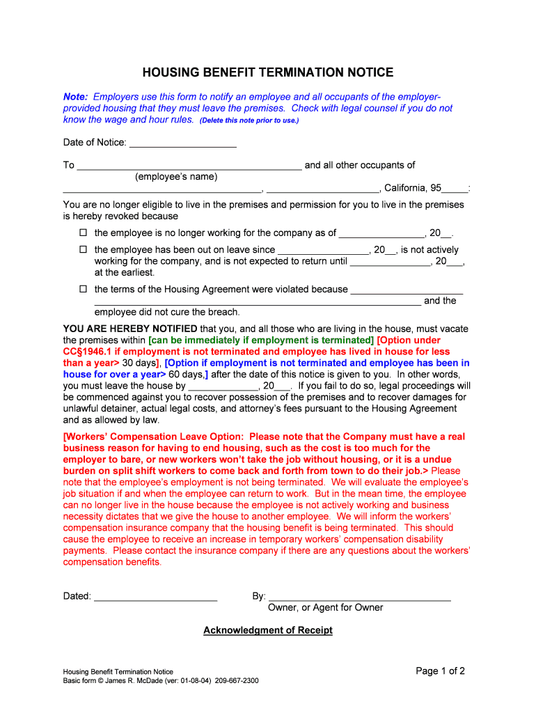 NOTICE of TERMINATION of HOUSING BENEFIT  Form