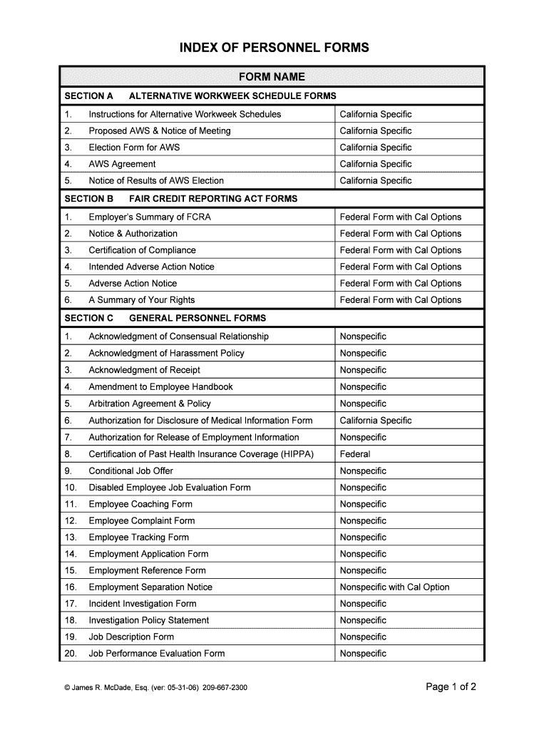 INDEX of PERSONNEL FORMS