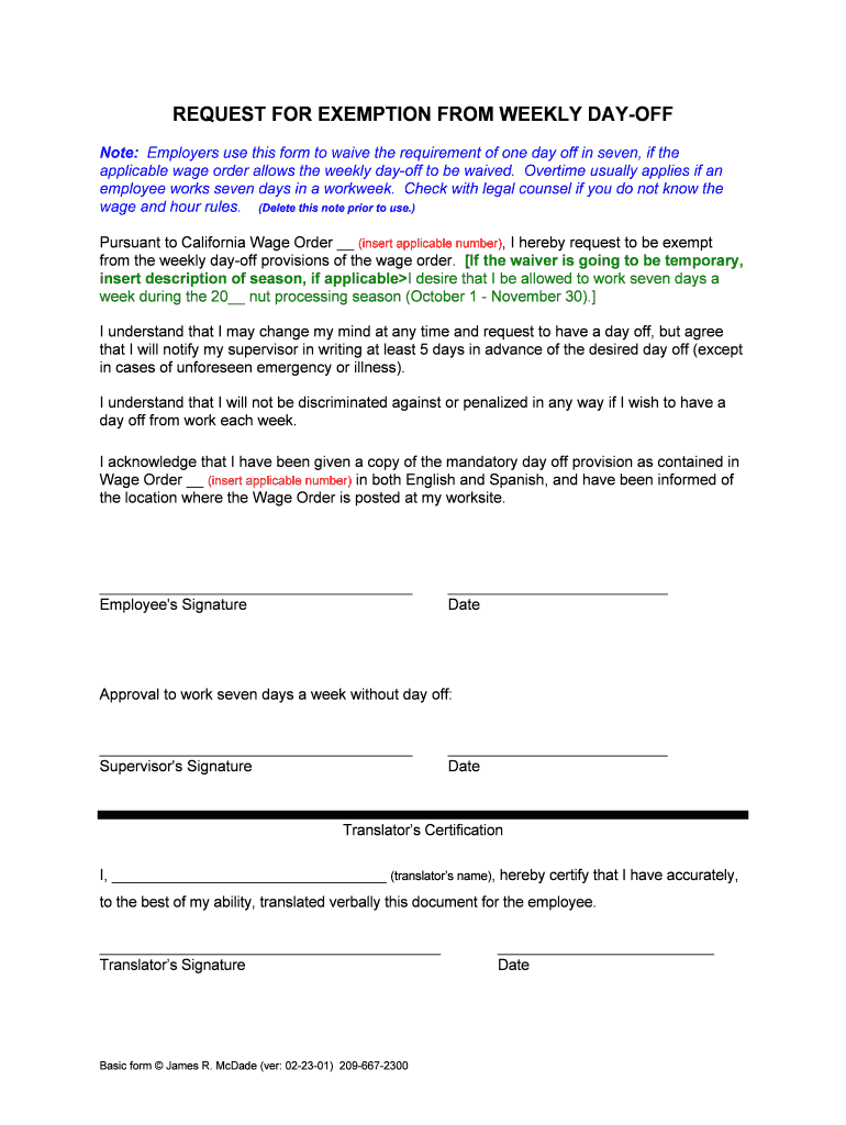 REQUEST for EXEMPTION from WEEKLY DAY off  Form