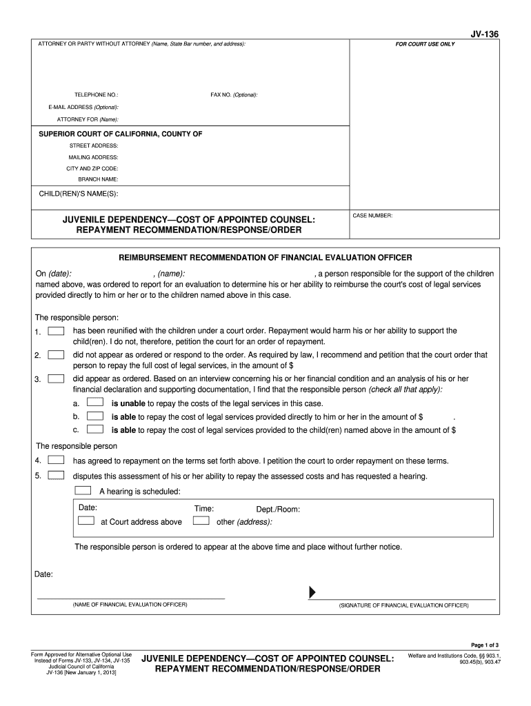 JV 136 JV 136 JUVENILE DEPENDENCYCOST of APPOINTED COUNSEL Judicial Council Forms