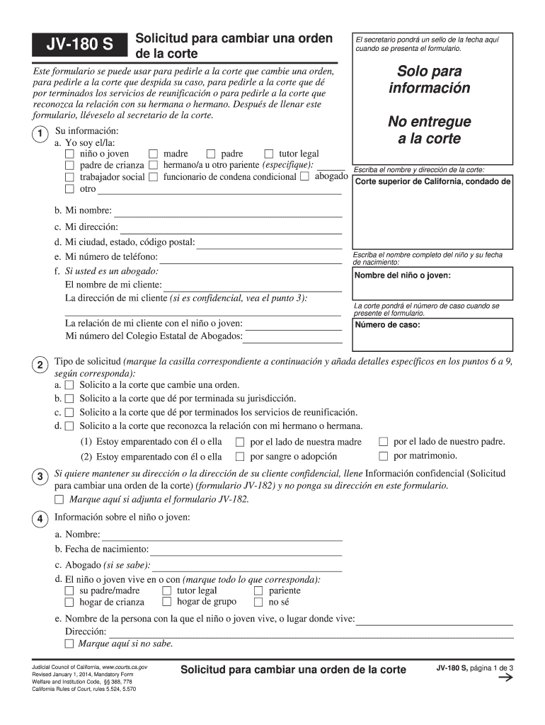 JV 180 Request to Change Court Order Spanish Judicial Council Forms