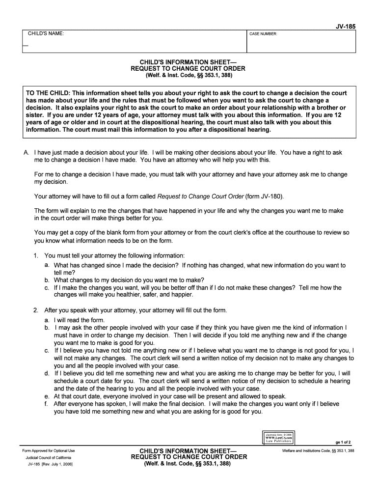 JV 185 Child's Information Sheet Request to Change Court