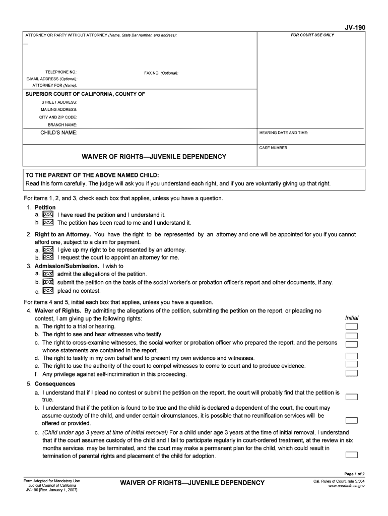 Form JV 190 Download Fillable PDF, Waiver of Rights